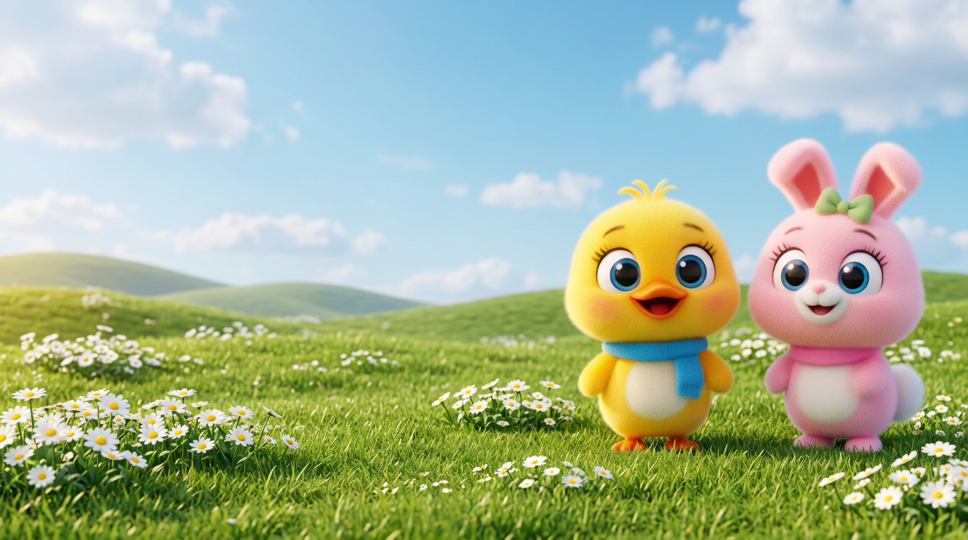 Pip the yellow duckling and Lulu the pink bunny singing together in a meadow